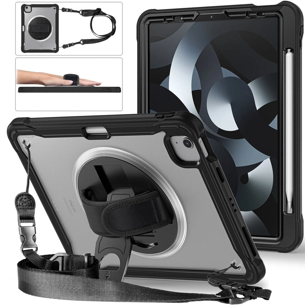 iPad Mini 6 tablet case with rotating bracket in black, showing all-inclusive protective cover and shoulder strap