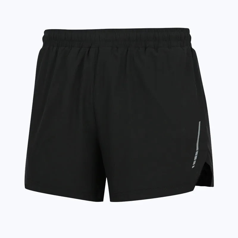 Man wearing grey quick-dry straight-leg polyester running shorts for marathon training.