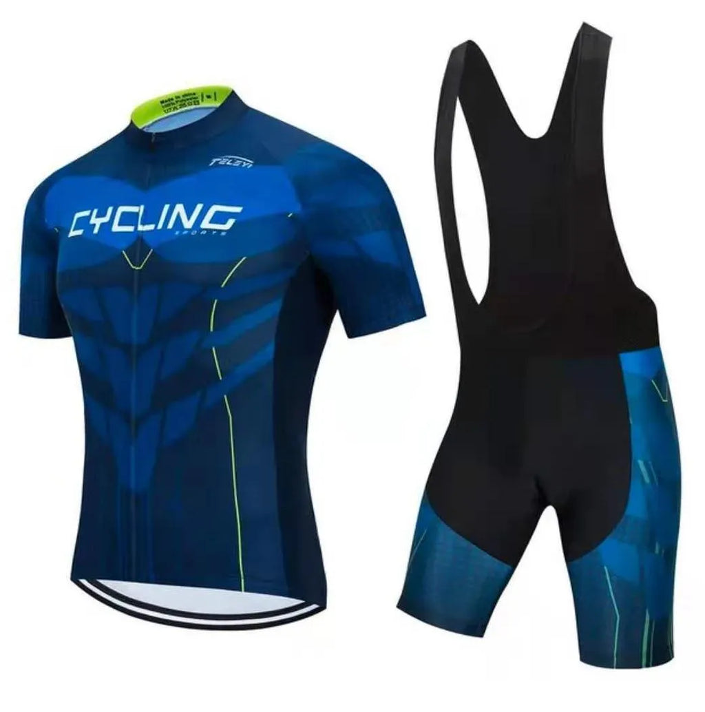 Moisture-wicking cycling jersey and pants set for summer mountain and road biking.