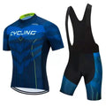 Moisture-wicking cycling jersey and pants set for summer mountain and road biking.
