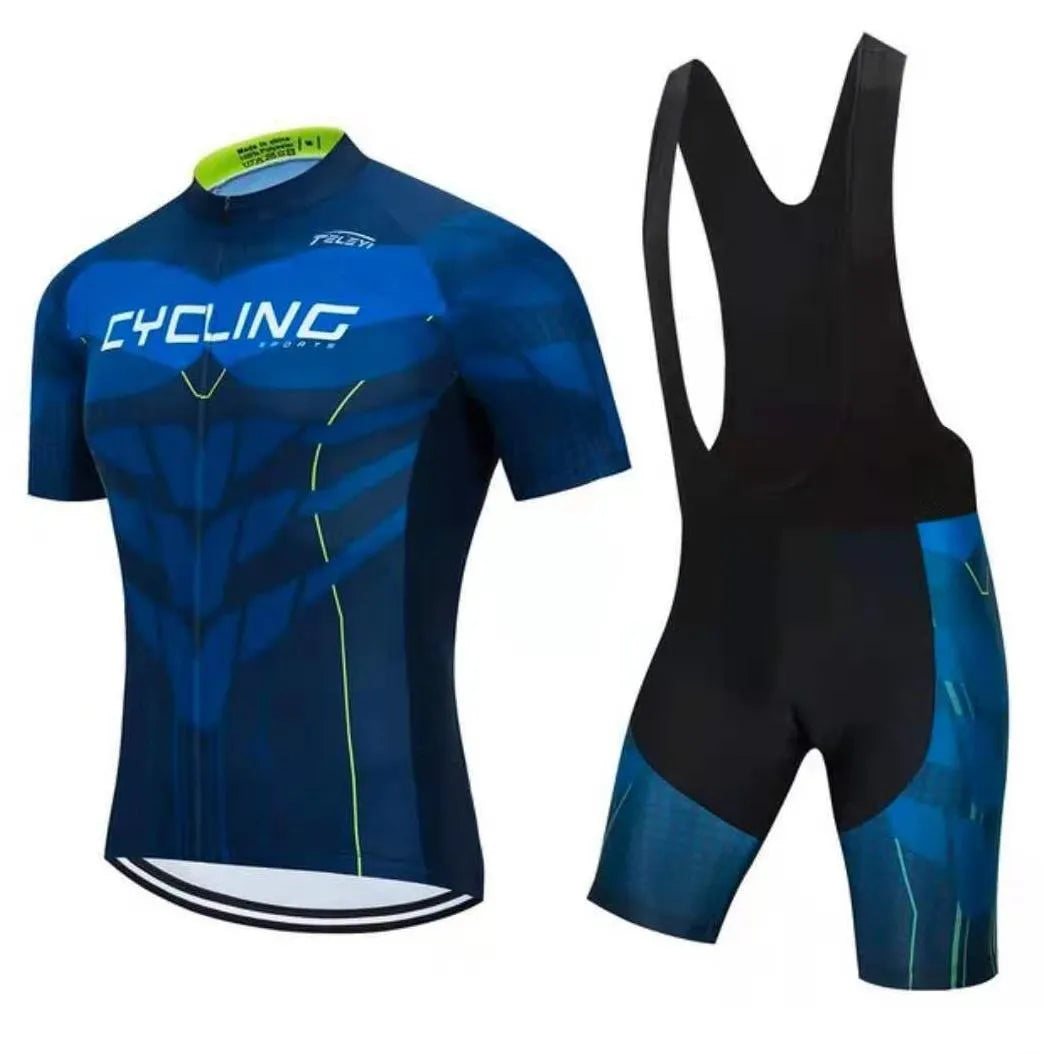Moisture-wicking cycling jersey and pants set for summer mountain and road biking.