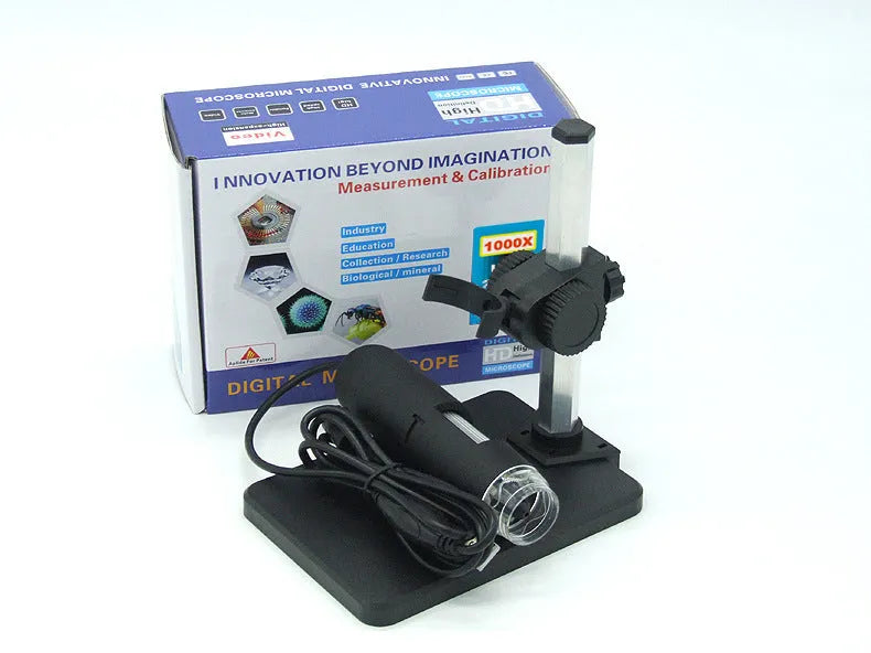 Black USB microscope camera with 8 LED lights, 1000X magnification, focus range 0-40mm