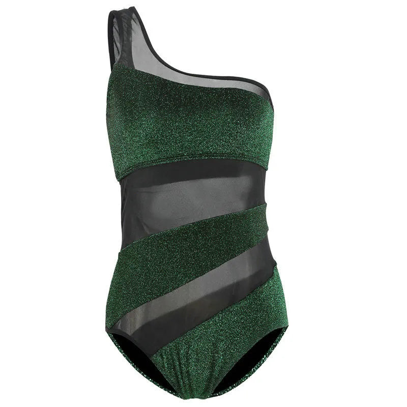 Women's one-shoulder nylon swimsuit in black, one-piece design with high elasticity and quick-dry fabric