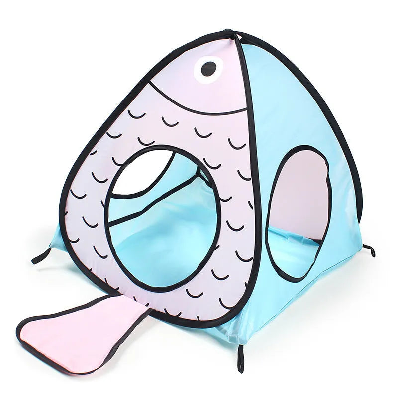 Foldable grey cat tent and tunnel toy with colourful cat and fish pattern graphics.