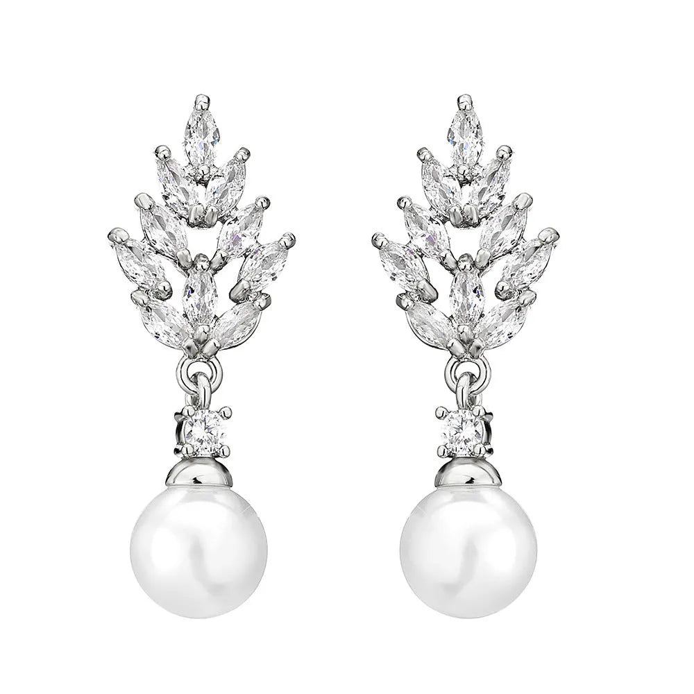 Geometric flower design earrings with micro inlaid zircon and pearl accents in gold, platinum, and rose gold plating.