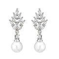 Geometric flower design earrings with micro inlaid zircon and pearl accents in gold, platinum, and rose gold plating.