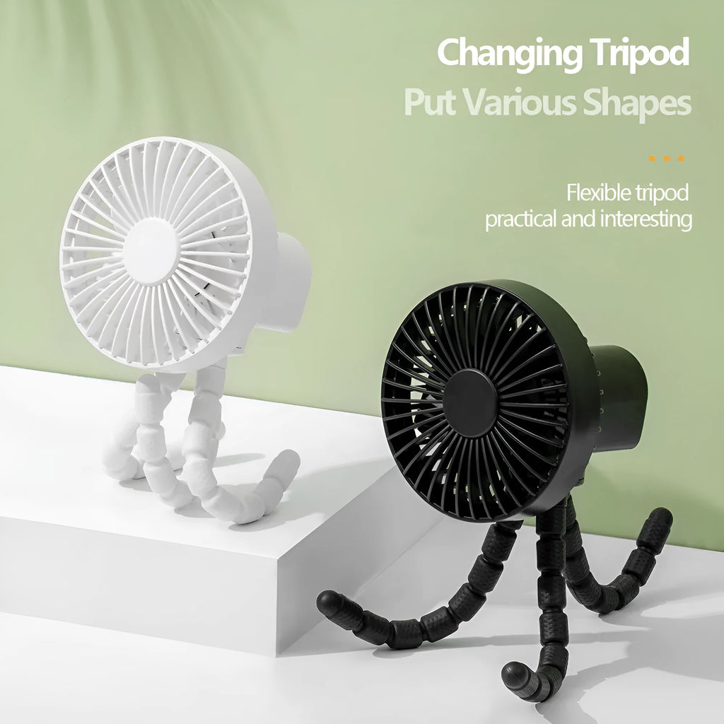Small portable desktop fan with bendable neck on an octopus tripod, showing black, green, pink, and white colour options.