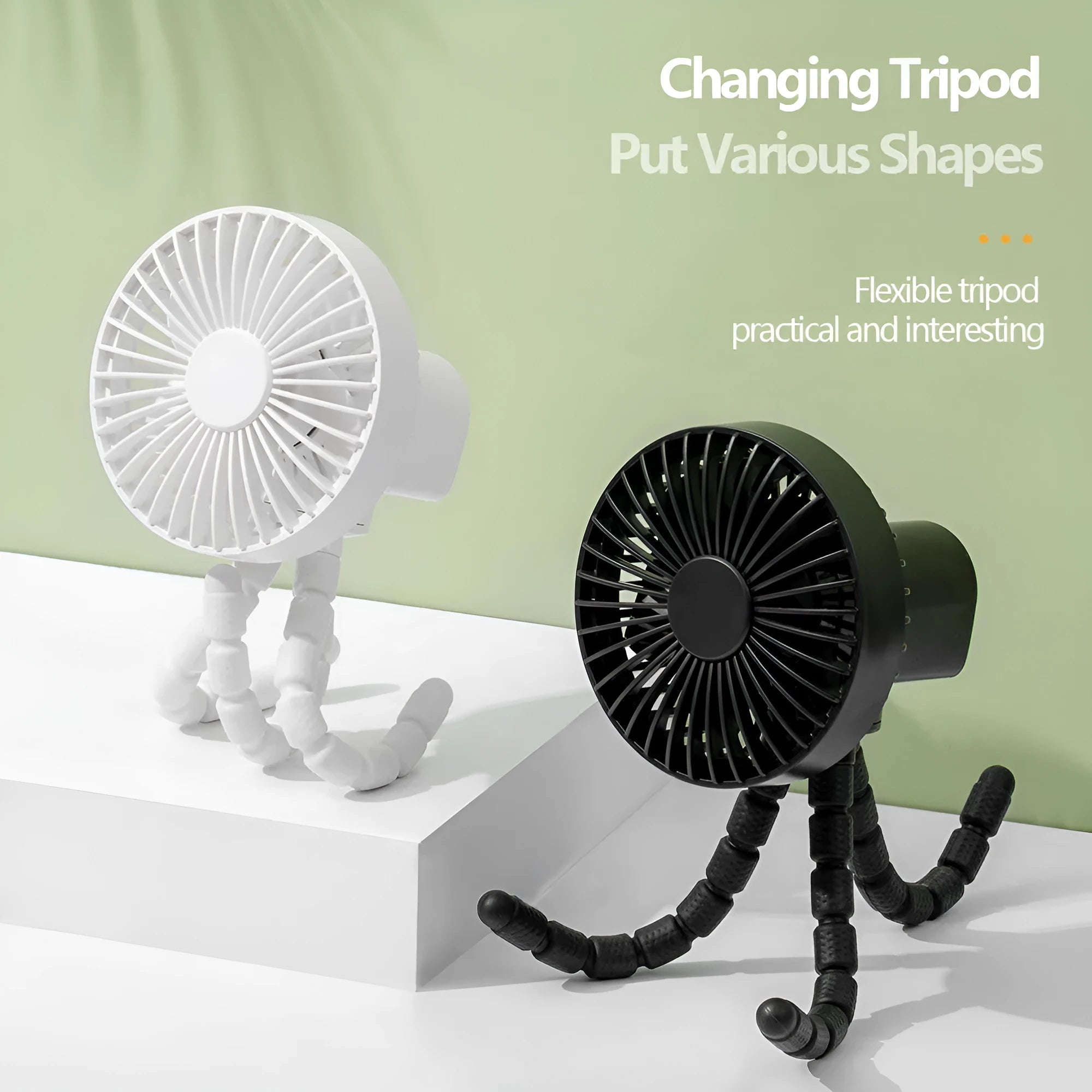 Small portable desktop fan with bendable neck on an octopus tripod, showing black, green, pink, and white colour options.