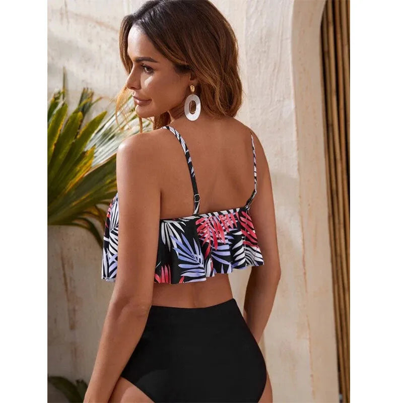 Women's high waist floral bikini swimsuit with flounced briefs in polyester spandex fabric