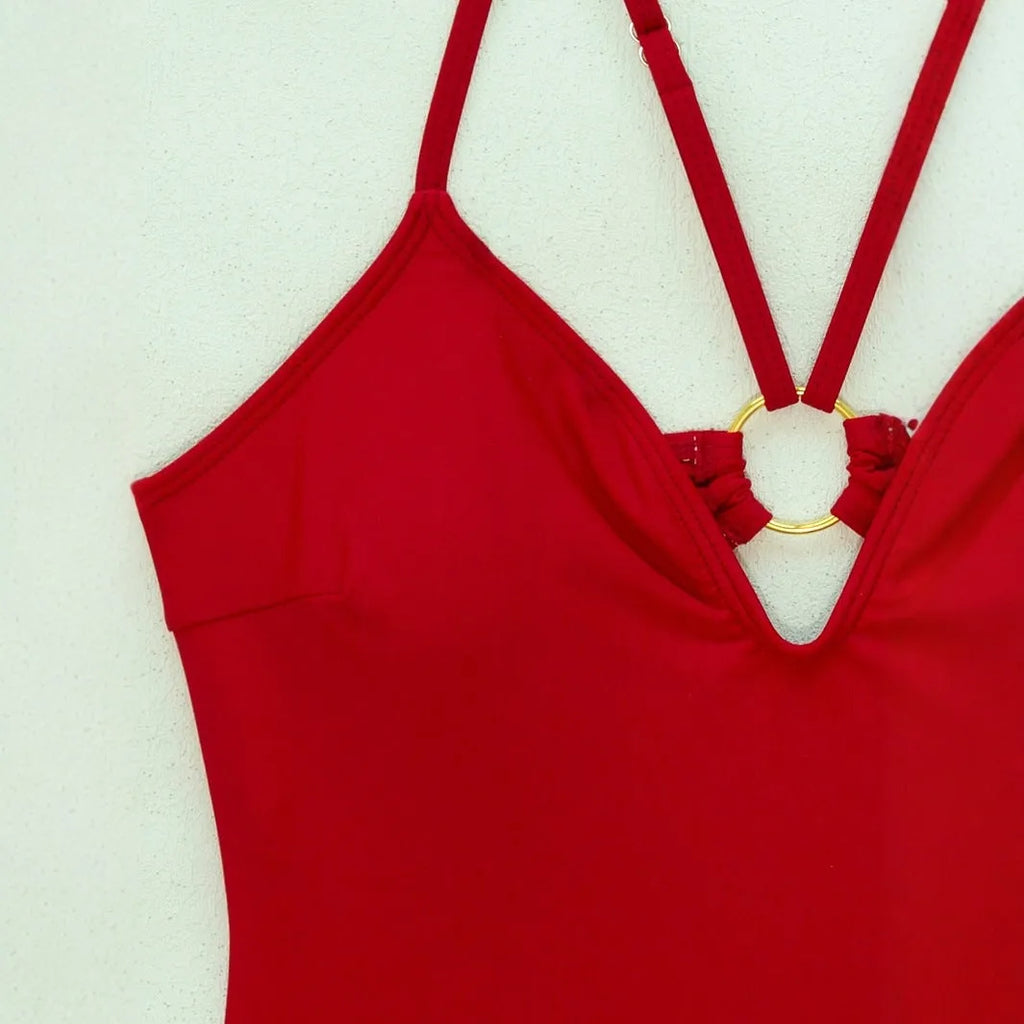 Solid red skinny slimming one-piece nylon swimsuit for women sleeveless front view