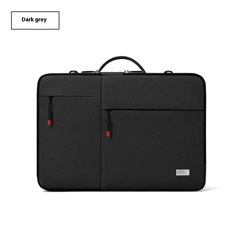 Men's 14-inch laptop protective sleeve bag in light grey Oxford fabric showing shoulder strap