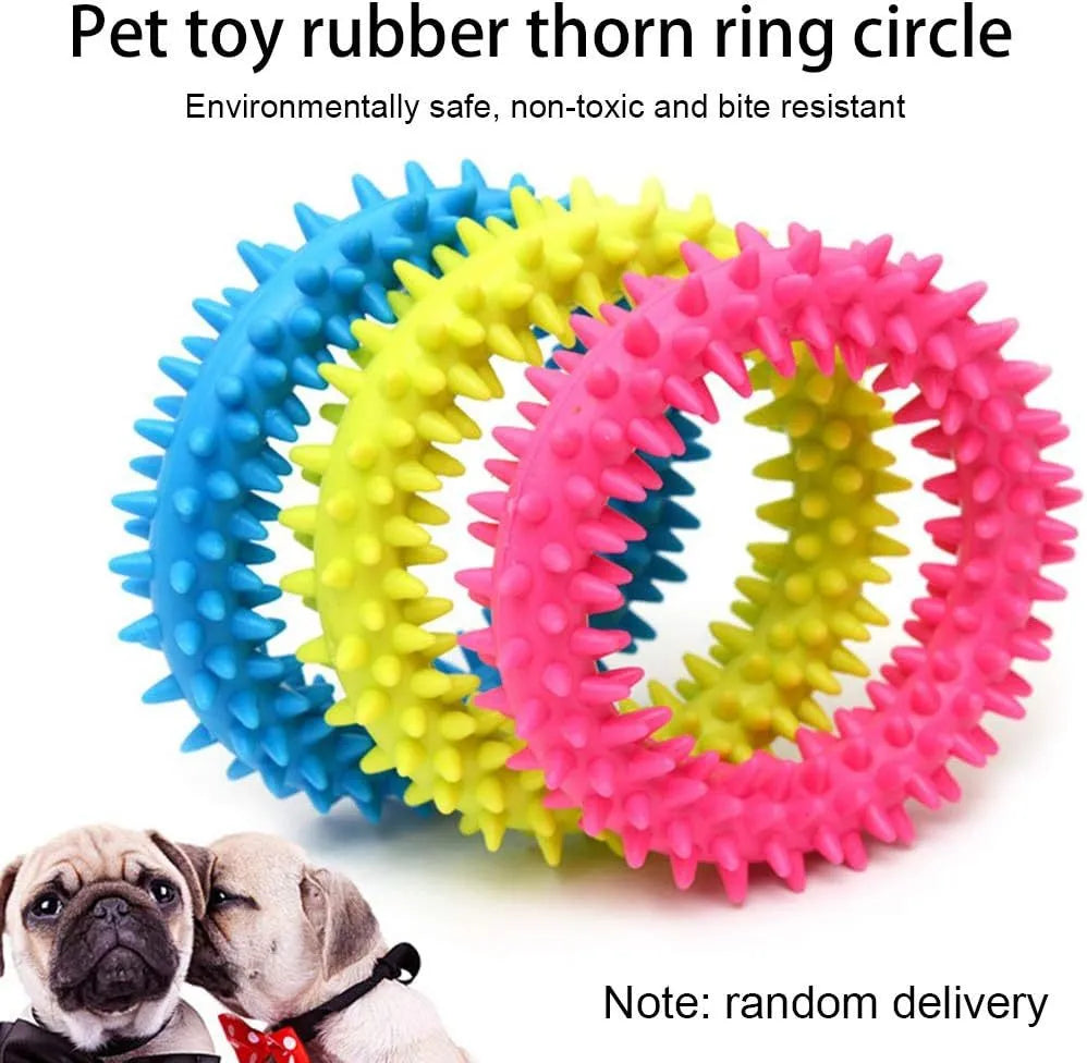 Blue spiky circle ring dog chew toy made of TPR for bite training and dental cleaning.