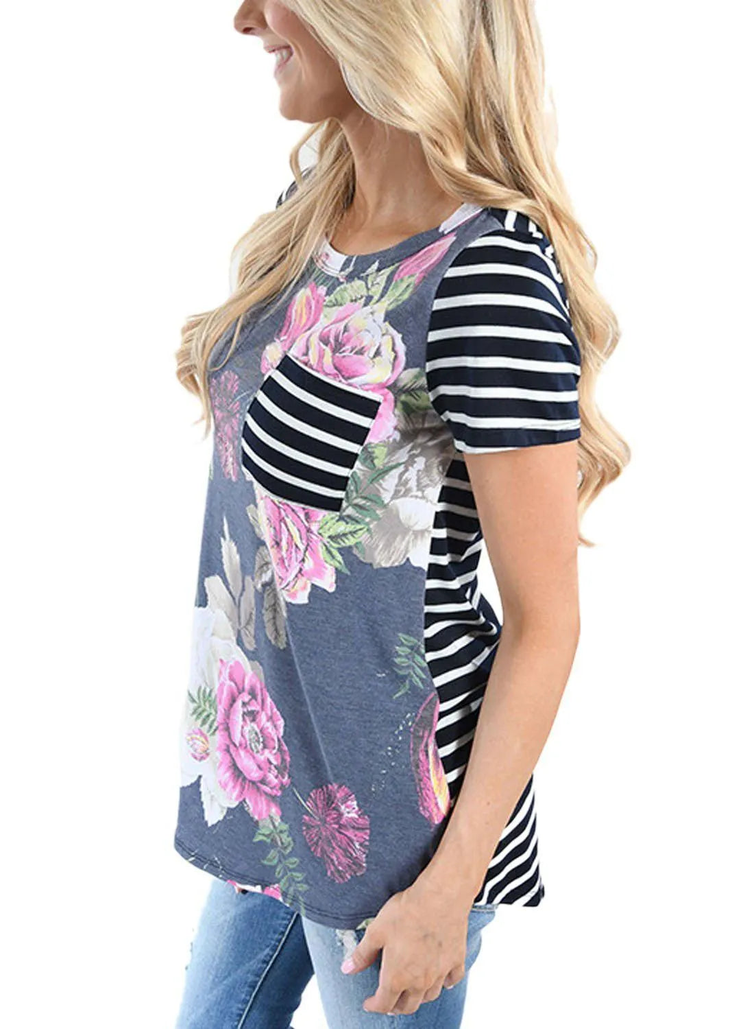 Striped summer breastfeeding top, short sleeve round neck pullover maternity nursing T-shirt in green, grey, light green or navy blue
