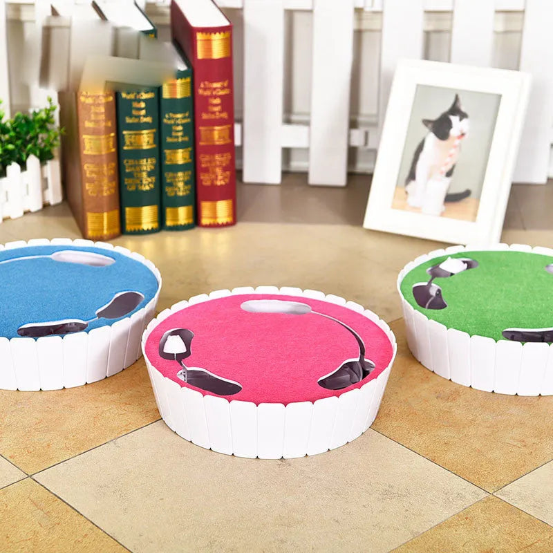 Automatic rotating mouse cat teaser toy in blue, green, or rose red, 26cm diameter, remote control and two speeds