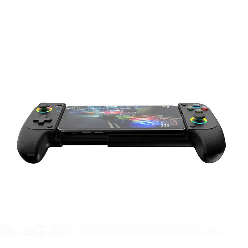 Bluetooth stretching mobile game controller holding smartphone with physical buttons and Type-C port
