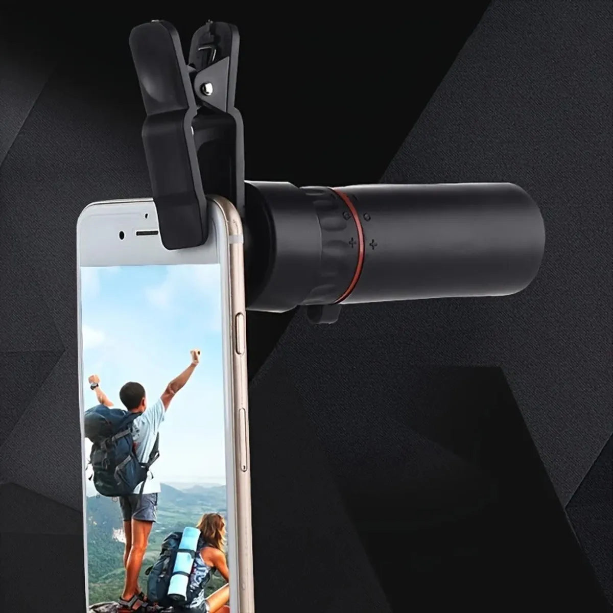 Black monocular telescope with rubber grip and attached mobile phone holder for outdoor observation