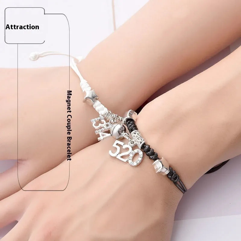 Pair of adjustable alloy magnet bracelets showing designs like a golden key lock, clover, and T5201314 code.