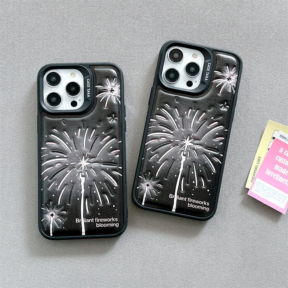 Leather embossed TPU phone case with colourful fireworks design for iPhone