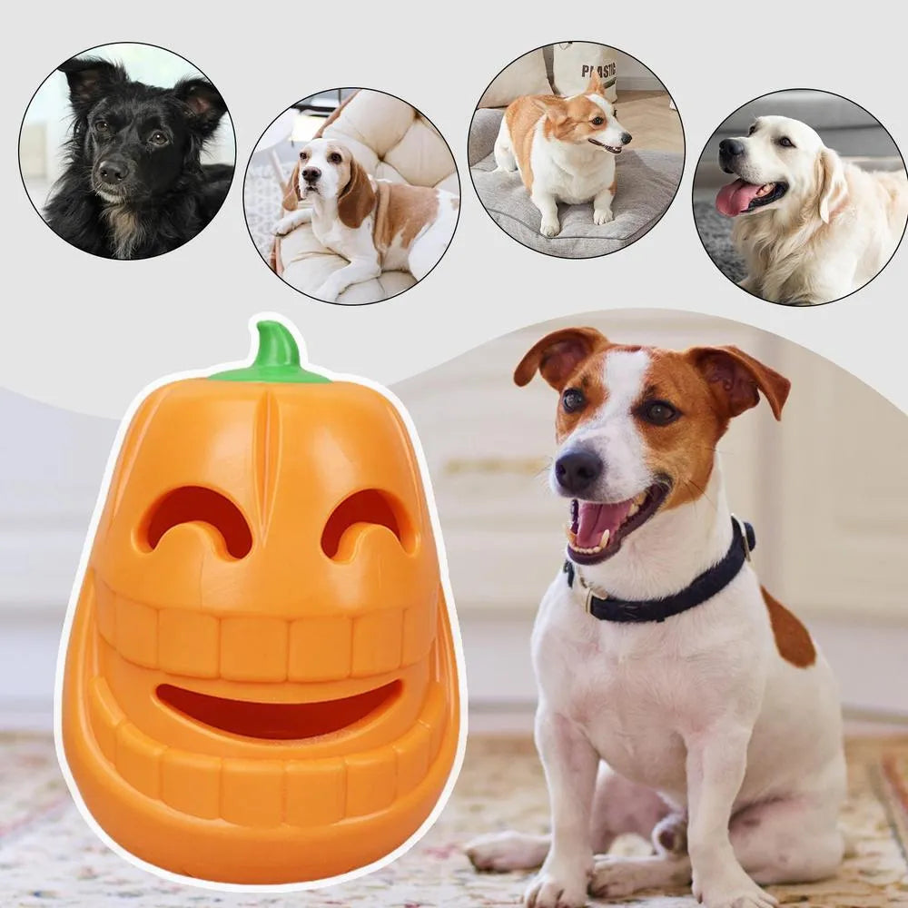 Yellow pumpkin-shaped TPR dog chew toy measuring approximately 8.6x11.5cm
