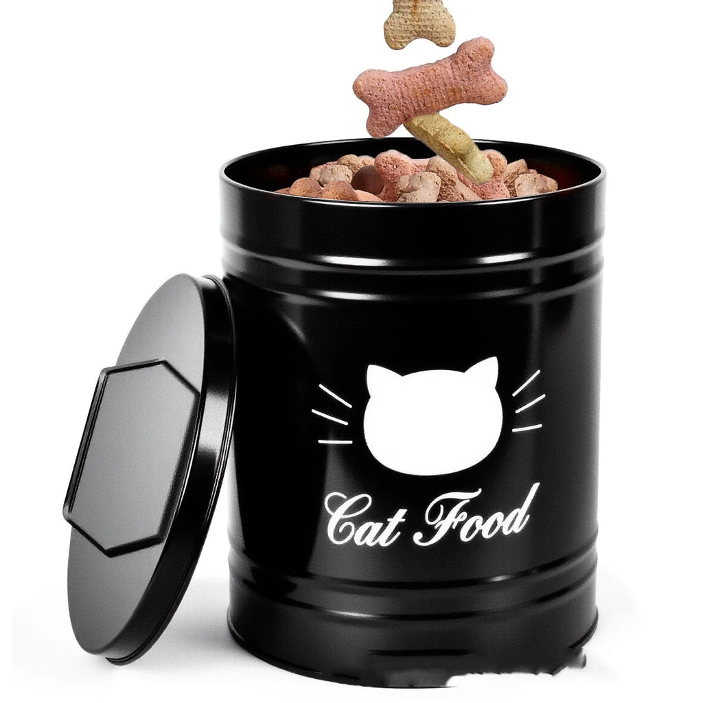 Black and white round iron sheet storage can with moisture-proof lid for pantry organisation.