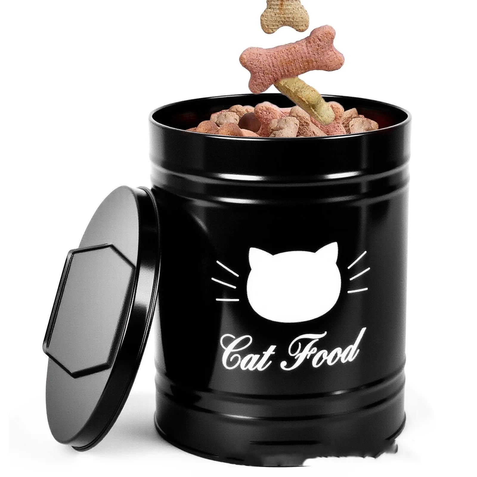 Black and white round iron sheet storage can with moisture-proof lid for pantry organisation.