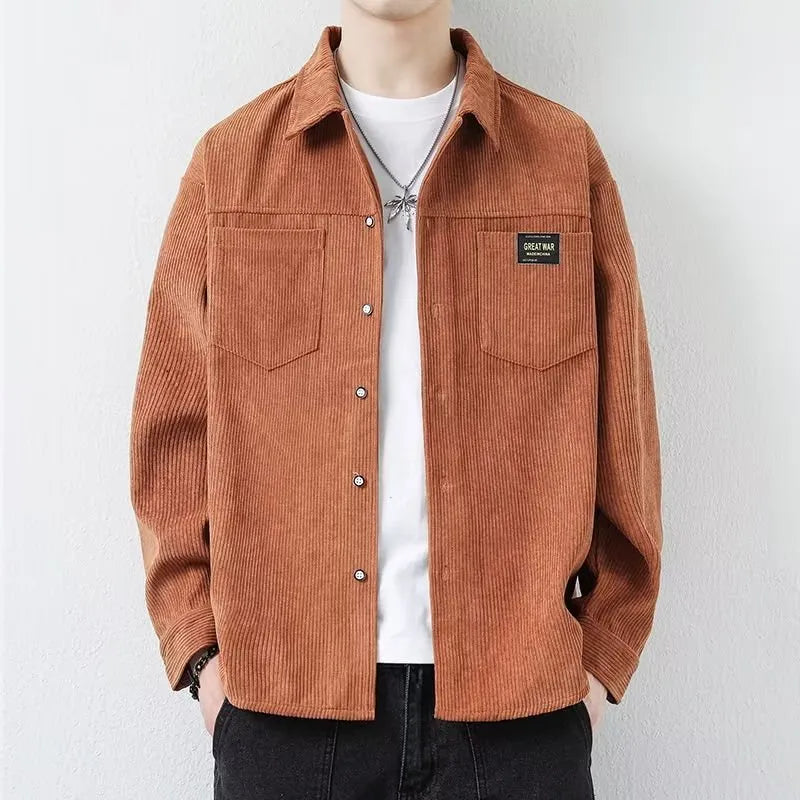 Men's corduroy cardigan style jacket in black, dark grey, khaki, or orange, with long sleeves and ribbed texture.