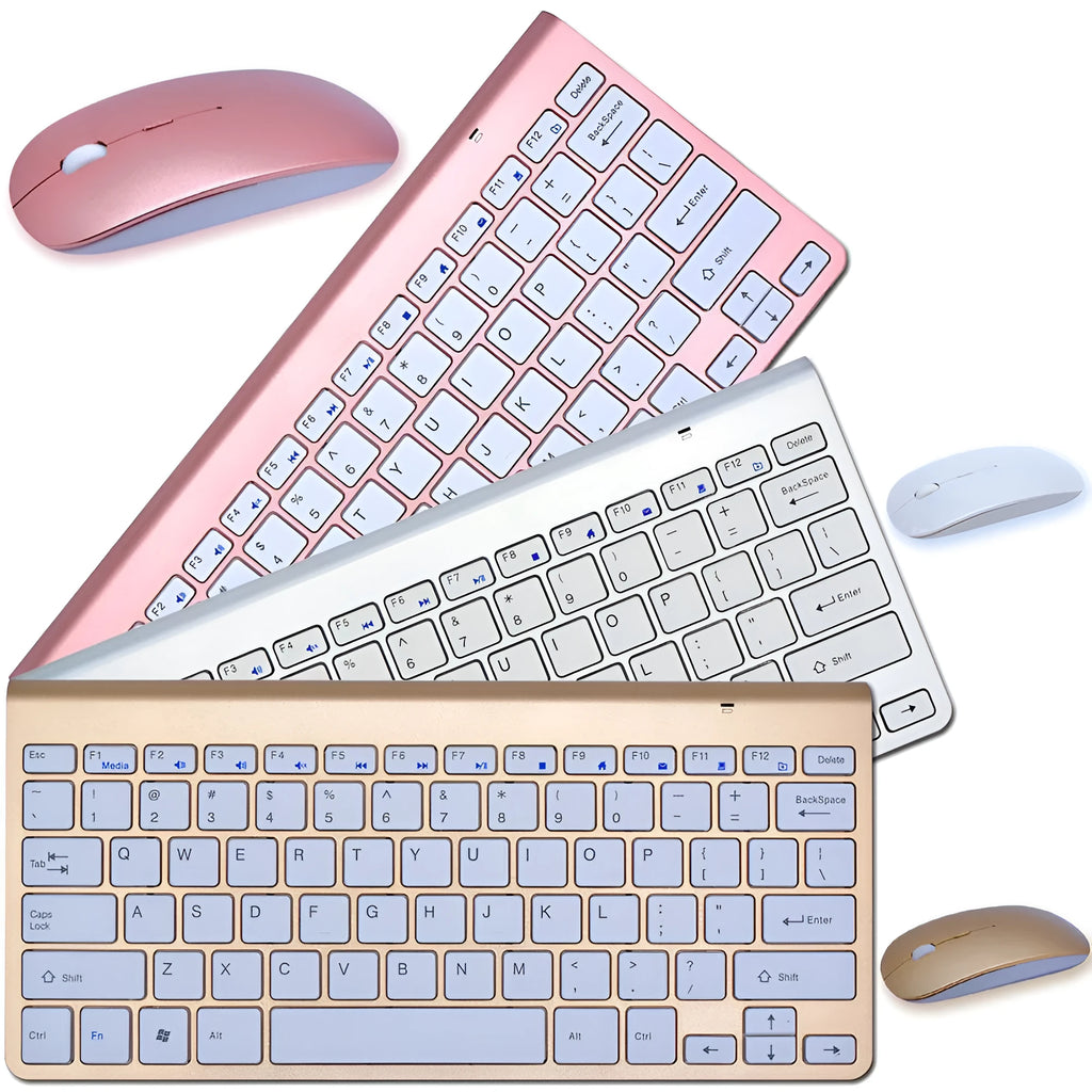 2.4G wireless keyboard and mouse combo set in silver colour on a desk with laptop