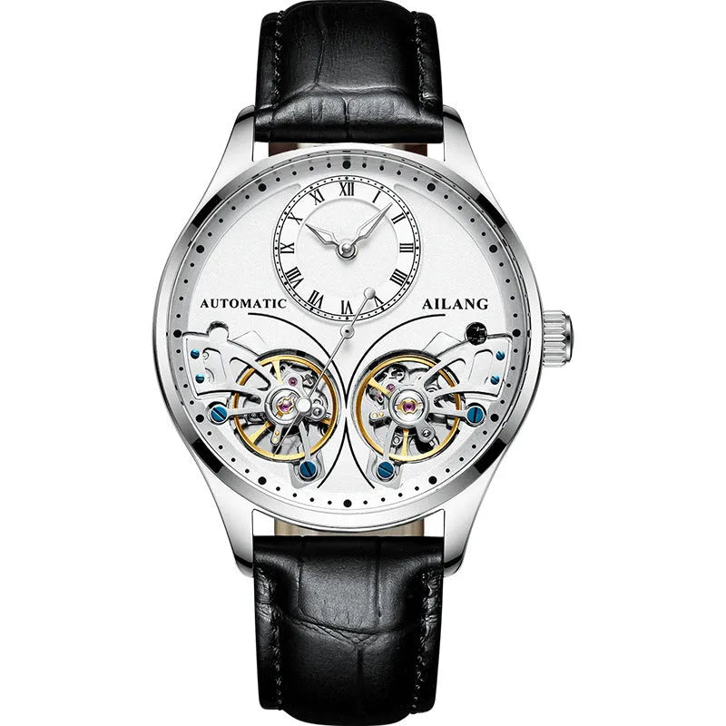 Men's automatic watch with tourbillon and moon phase on a metal case with a black dial.