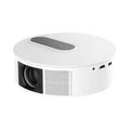White compact 720p HD home projector with remote control on a table.