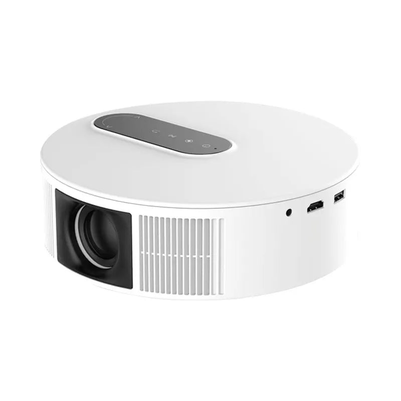 White compact 720p HD home projector with remote control on a table.