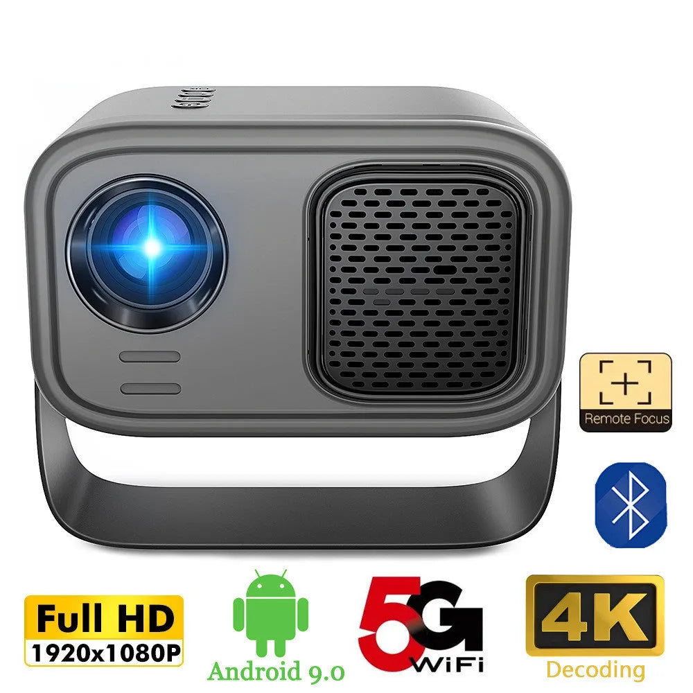 Black portable HD projector with Android system showing presentation on wall