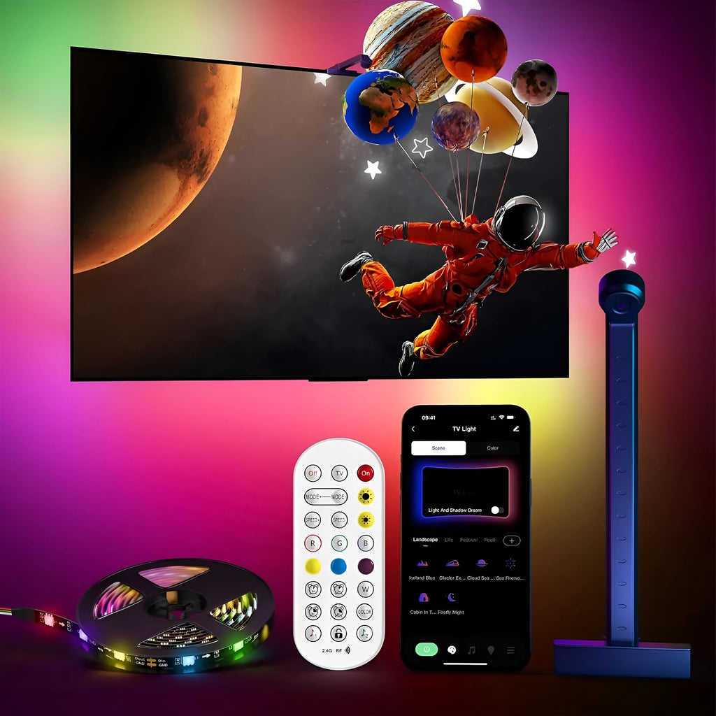 5 metre RGB LED light strip with camera for screen colour synchronisation on TV background
