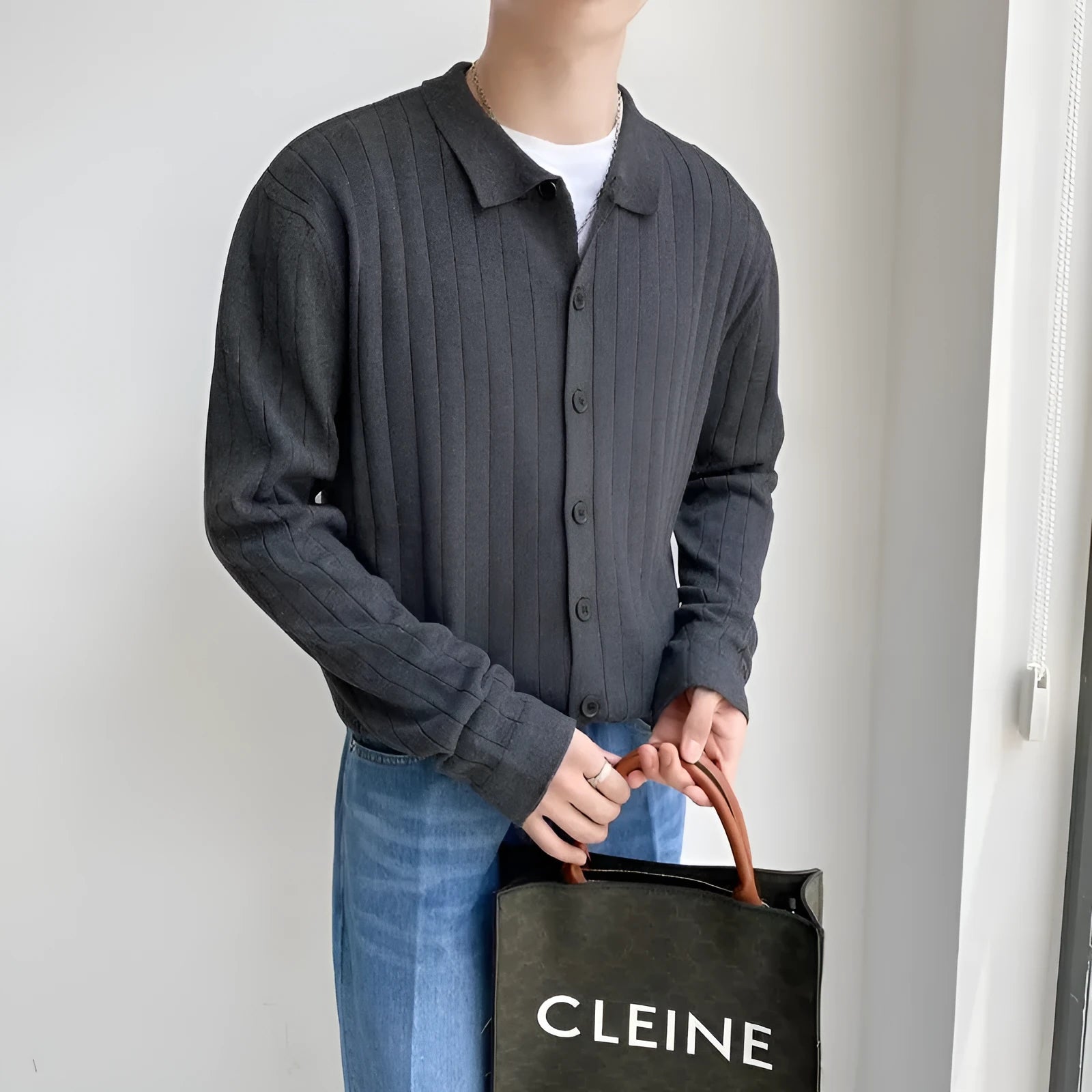 Men's casual loose lapel chenille sweater cardigan in green, cotton blend, sizes M to 3XL