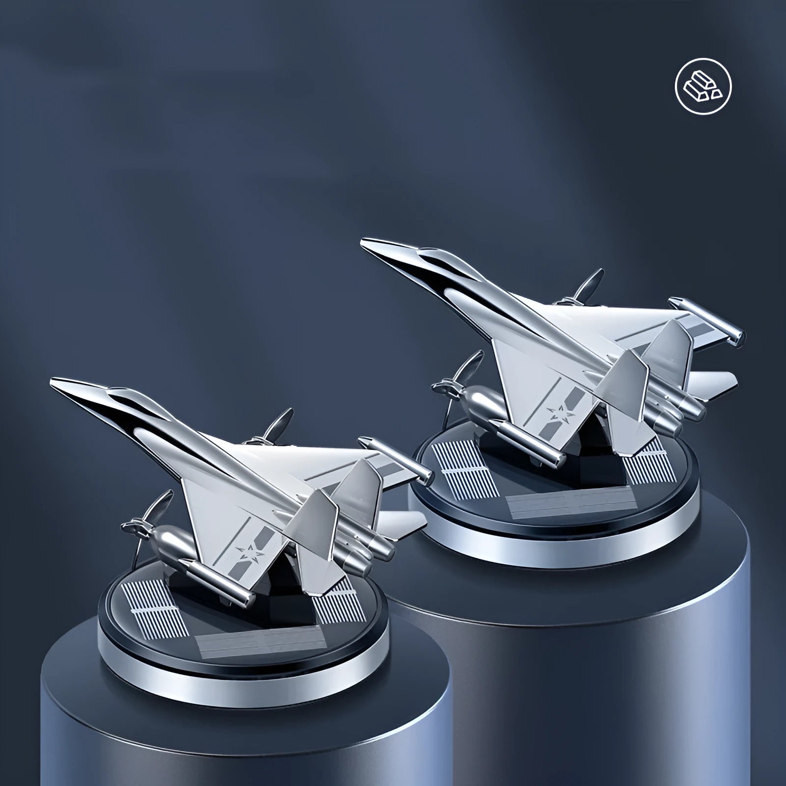 Solar powered rotating aluminium alloy fighter jet perfume ornament in silver, gold, blue, or red colour.