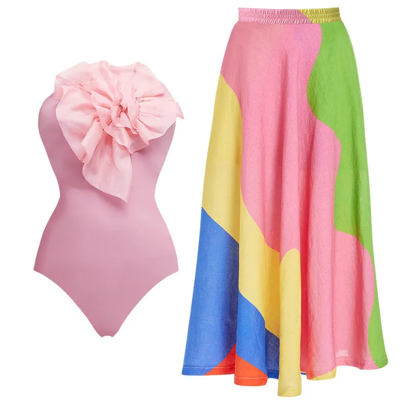 Flower Suit colour women's deep V halter backless one-piece swimsuit