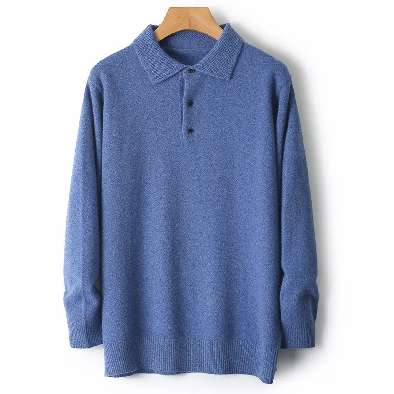 Men's grey woolen polo collar pullover sweater with textured collage stitching on the chest.