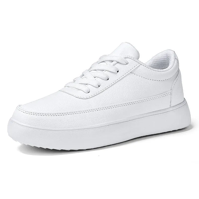 Women's leather flat casual shoes with lace-up front in white, silver, or gold colour options