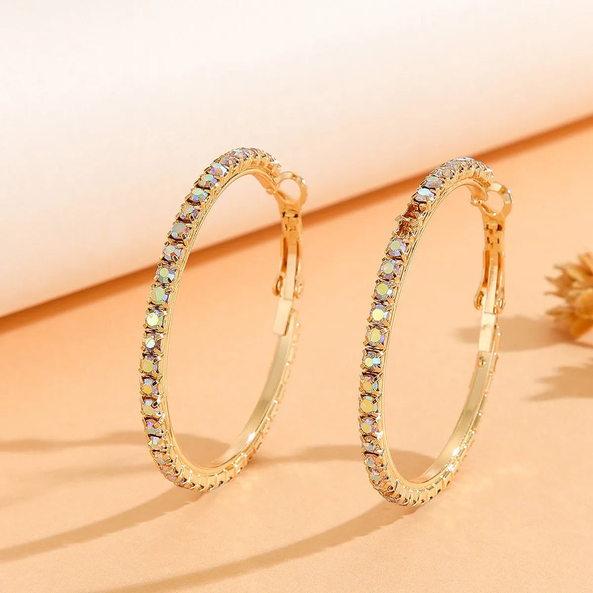 Gold plated copper zircon inlaid princess style large earrings for women, gold white colour, 1 pair