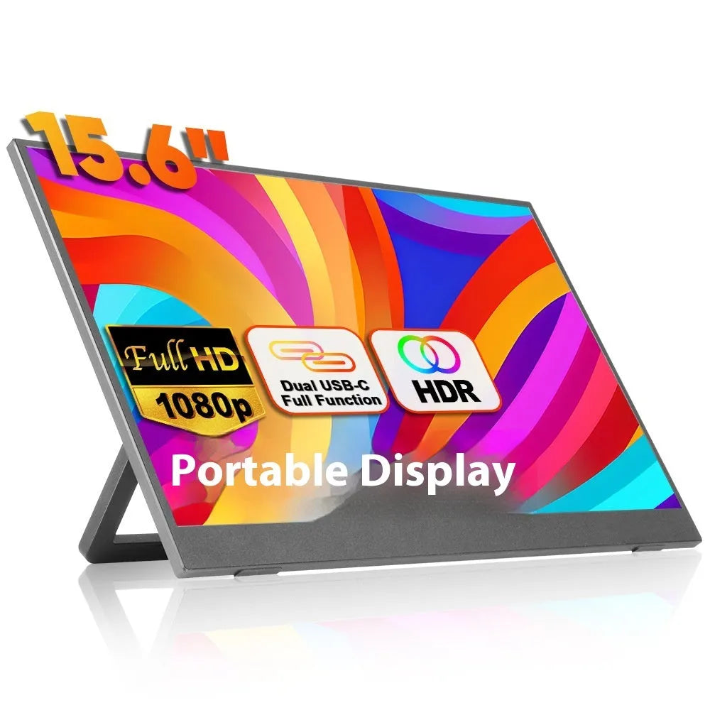 Black 15.6-inch portable LCD monitor on an adjustable stand, showing a desktop workspace.