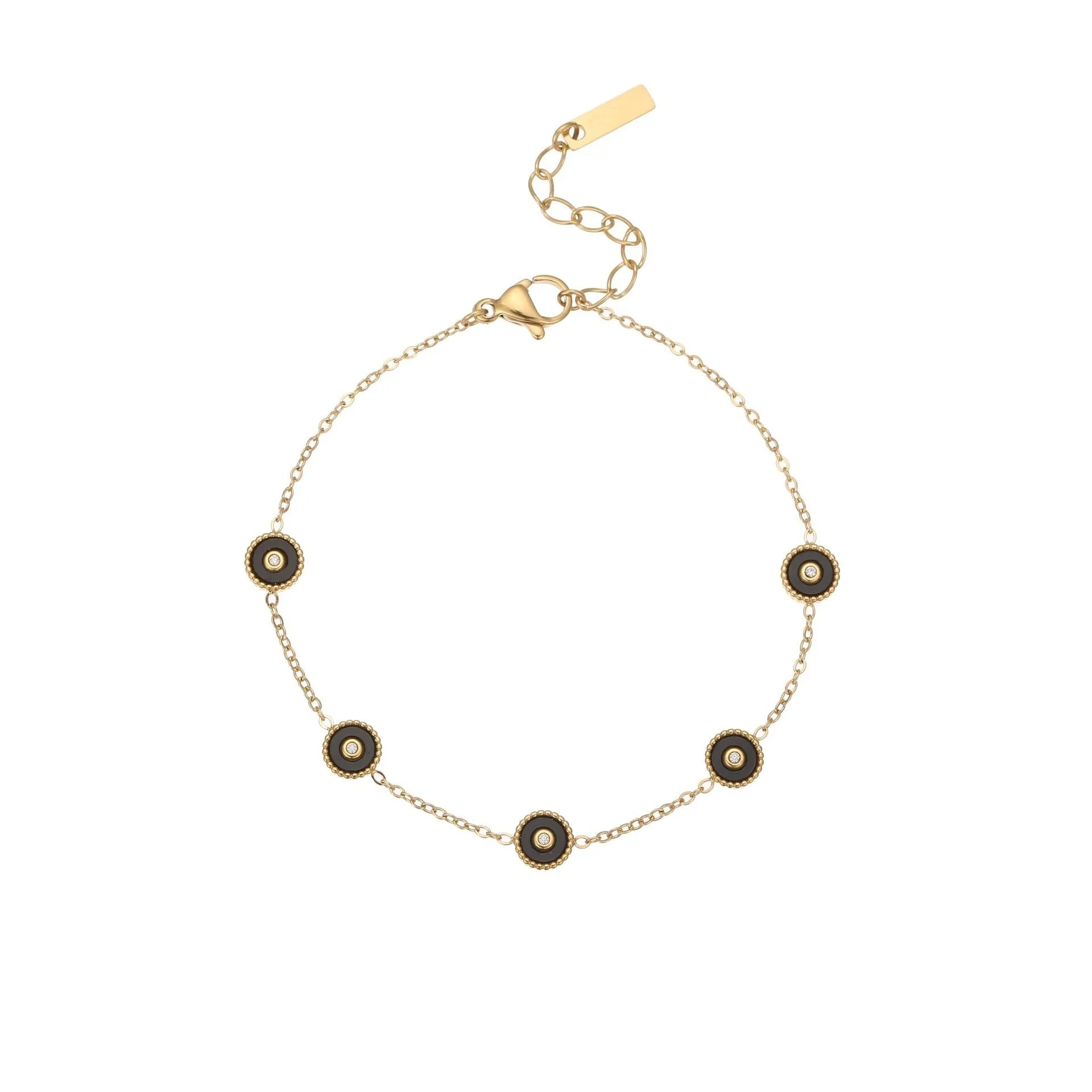 Geometric women's stainless steel bracelet with 18K gold electroplating alongside matching necklace