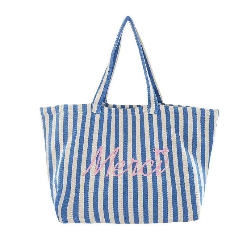 Blue striped letters printed cotton canvas bag in pink, blue and white stripes.