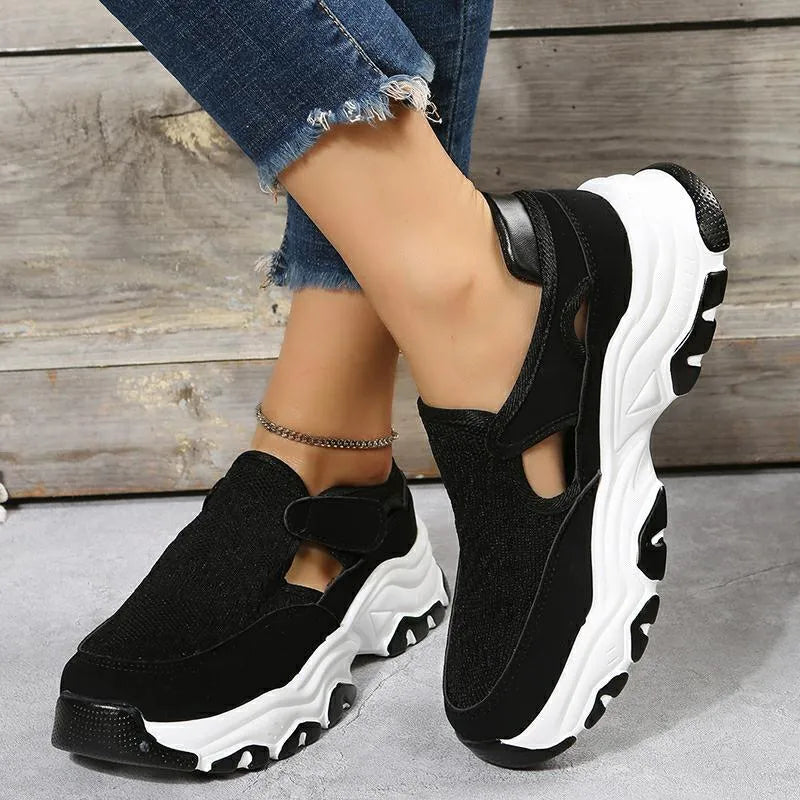 Women's mesh sport shoes with flat heel round toe Velcro closure in red black and blue colours