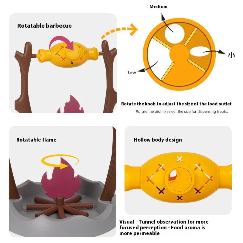 Barbecue style tumbling cat feeder toy for interactive food puzzle play.