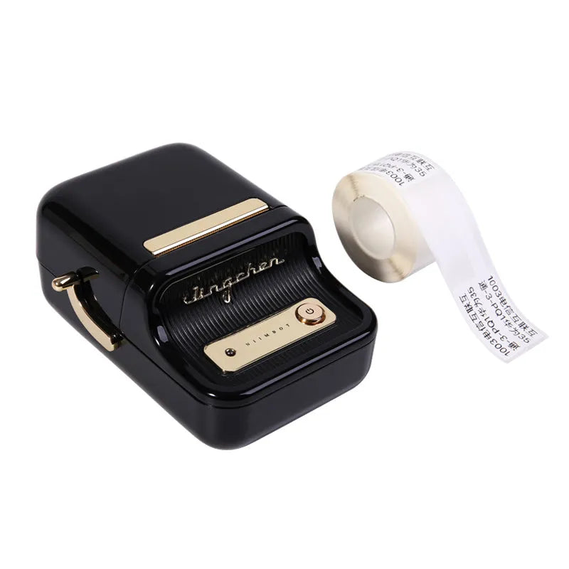 B21 food pricing machine label printer in black, 130x95x60mm, with thermal print and Bluetooth