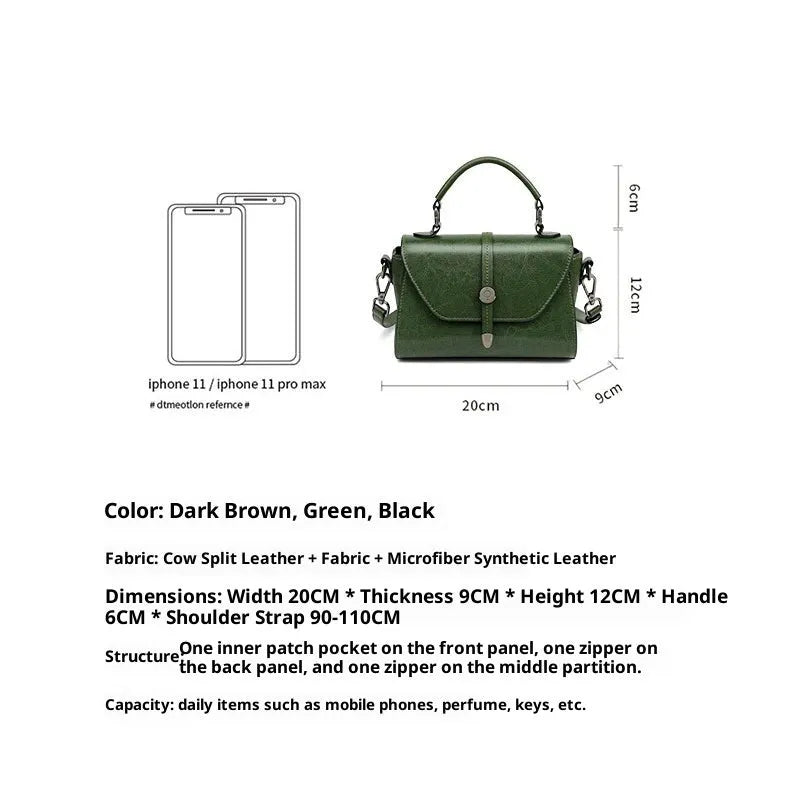 Genuine leather crossbody shoulder bag in dark brown, horizontal square shape with stitched details, 20x9x12 cm
