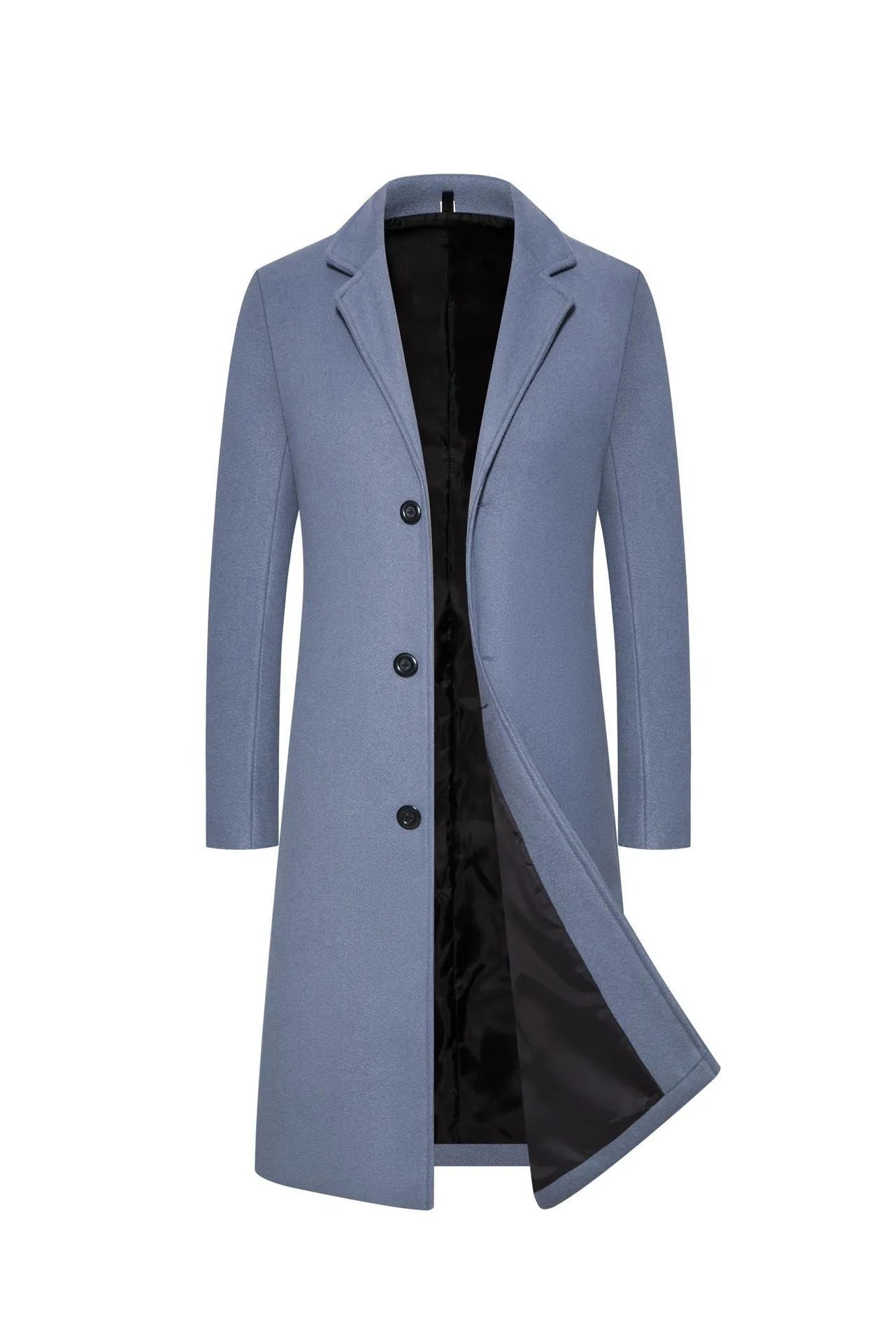 Men's wool mid-length trench coat in solid colour black, slim fit, 65 cm length