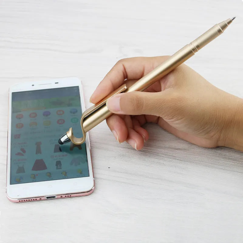 Touchscreen pen with integrated mobile phone holder showing 0.5mm tip and black/blue refill options