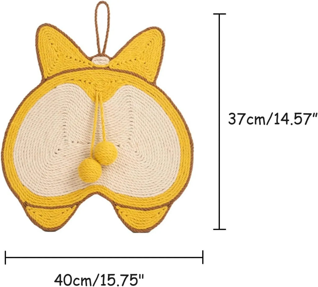 Yellow rectangular sisal cat scratching pad with Corgi butt design on a white background