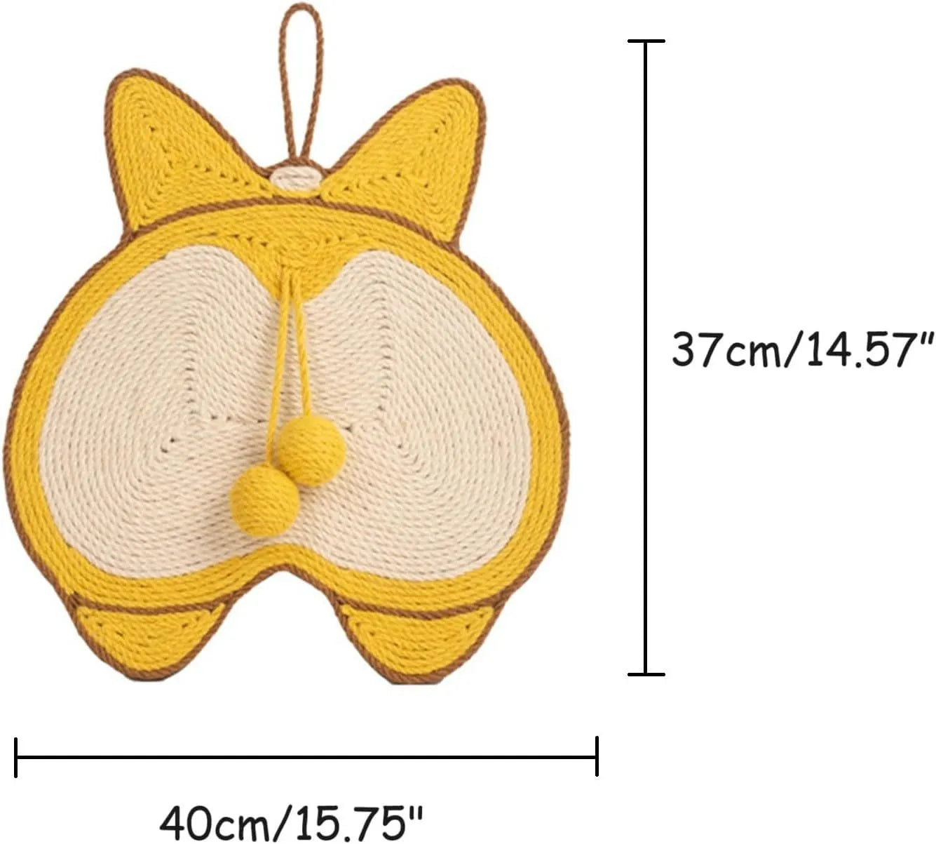 Yellow rectangular sisal cat scratching pad with Corgi butt design on a white background