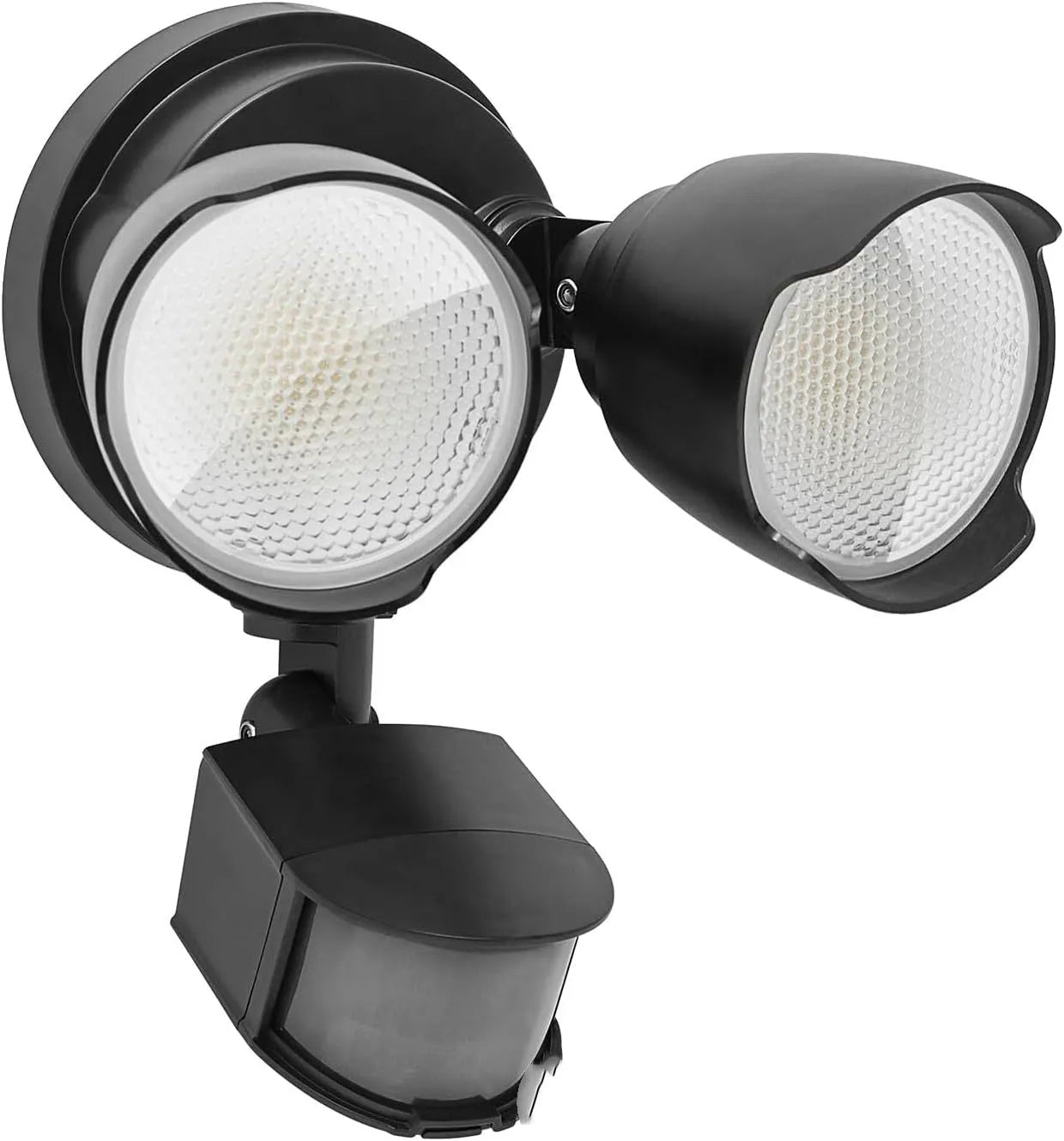 White 120V LED security floodlight with motion sensor mounted on an exterior wall.